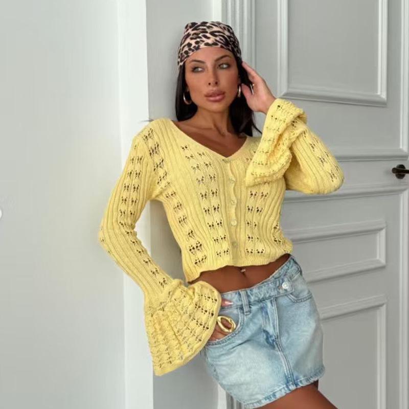 A Design-sense Hollowed-out Spicy Girl Knitted Cardigan In Solid Color, Long-sleeved V-neck, Short Flared Sleeve Top and Blouse