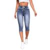 Damen Denim Jeans Shorts Hohe Taille Stretch Kordelzug Knielang Rissiges Loch Jean Hosen