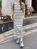 Contrasting stripes knitted short-sleeved t-shirt dress women's summer new loose and thin age-reducing straight casual long dress