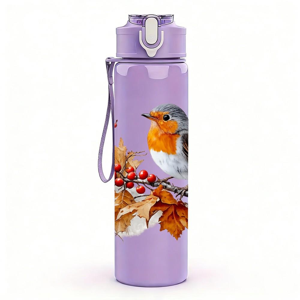 1PC Robin Bird Berry Branch Print 750ml Color Plastic Sports Water Bottle Leakproof Flip Straw Lid Suitable for Sports Office Home Use
