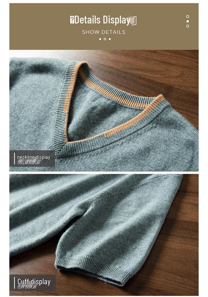 Men's V-neck Cashmere Sweater: Autumn/Winter Short Sleeve, Loose-Fit Knitwear, Color Block Half Sleeve, Casual and Trendy.