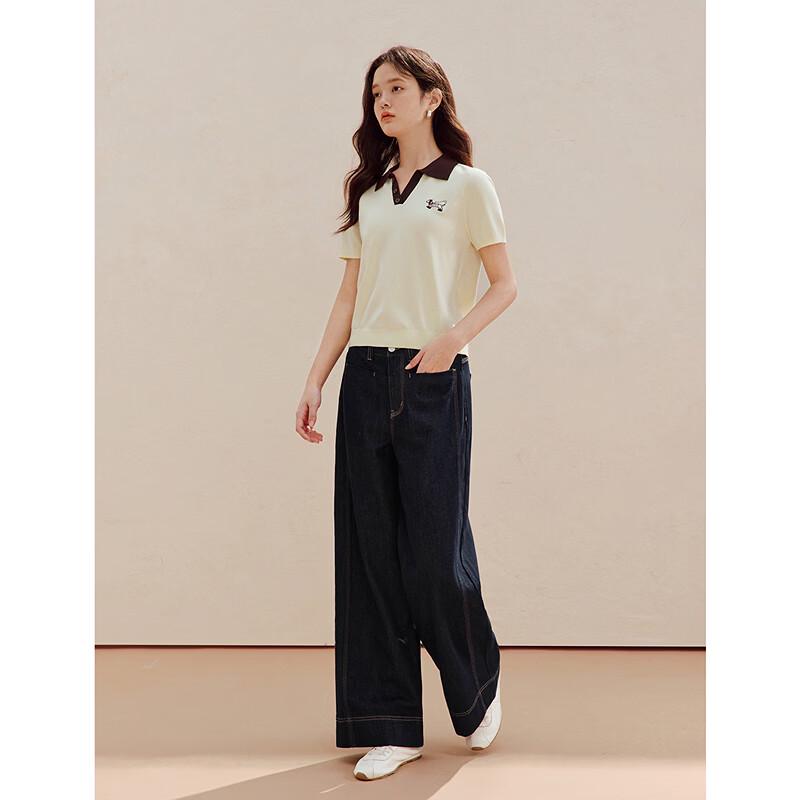 INMAN Women's Ice Silk Contrast Polo Knit Top