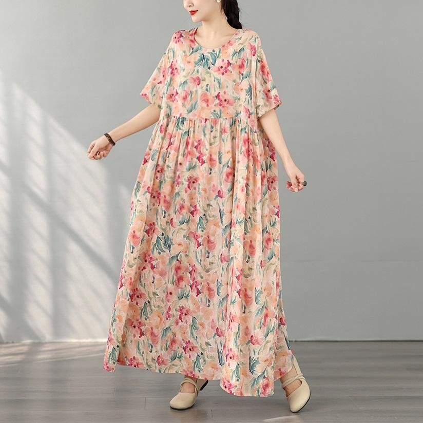 Kurzarm Plus Size Baumwolle Vintage Blumenmuster Neu in Kleidern für Damen lässig locker langes Sommerkleid