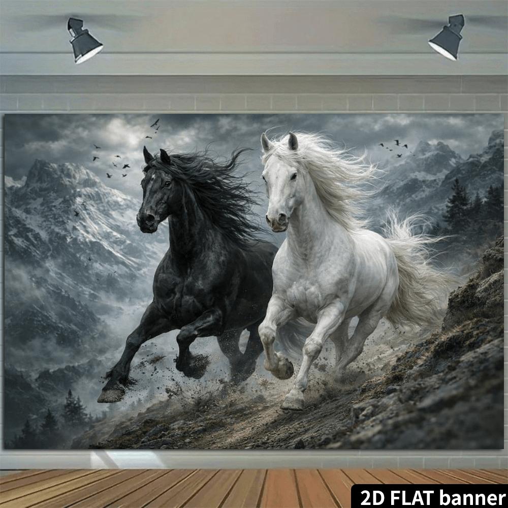 2D plane black and white double horse background fabric with the theme of birds flying and running on snowy mountains.PMJ