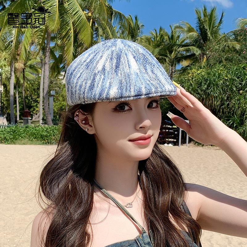 Summer Hat Female Retro Striped Painter Hat Showing Face Small Fashion Versatile Forward Hat High Sense Duck Tongue Beret