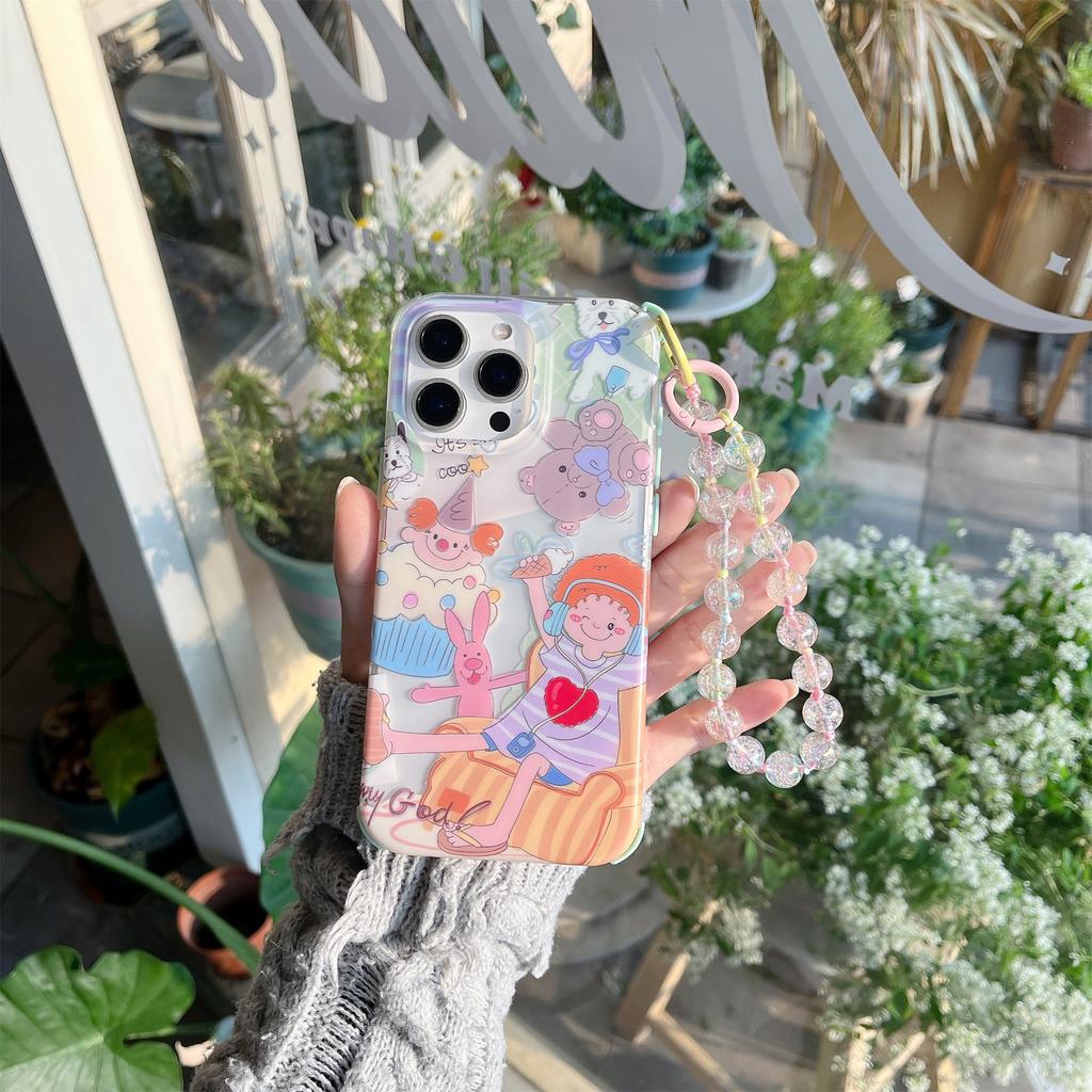 For iPhone 15 Pro Case IMD Cute Music Girl TPU Phone Cover with Beaded Strap