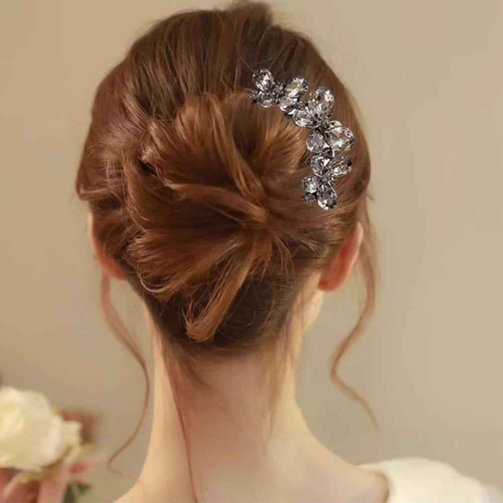 Rhinestone Toothed Insert Comb Geometric U-shaped Hair Clip Temperament Butterfly Hairpin  Daily