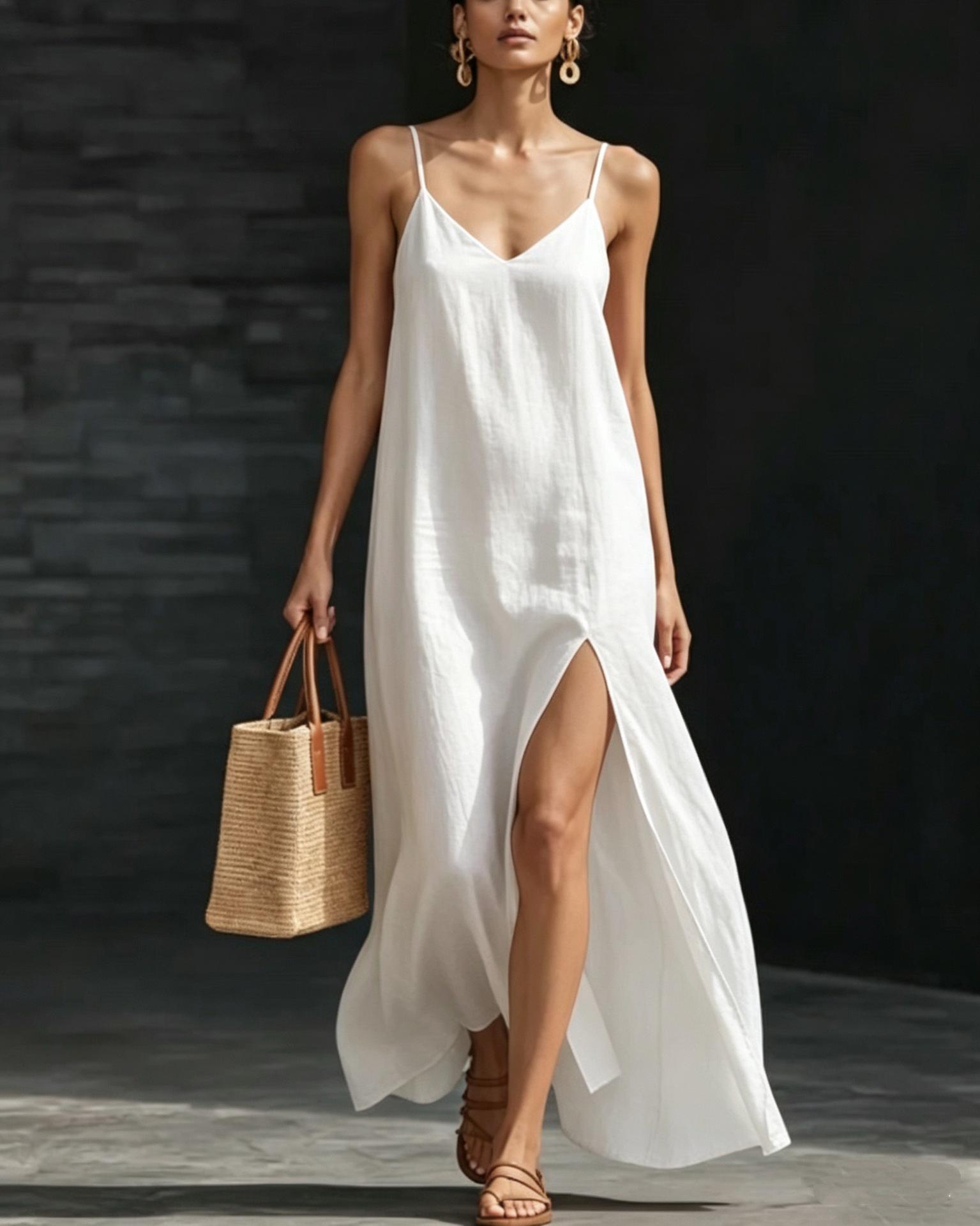 Women Spaghetti Strap Maxi Dress V Neck Side Slit Beach Summer Dress S