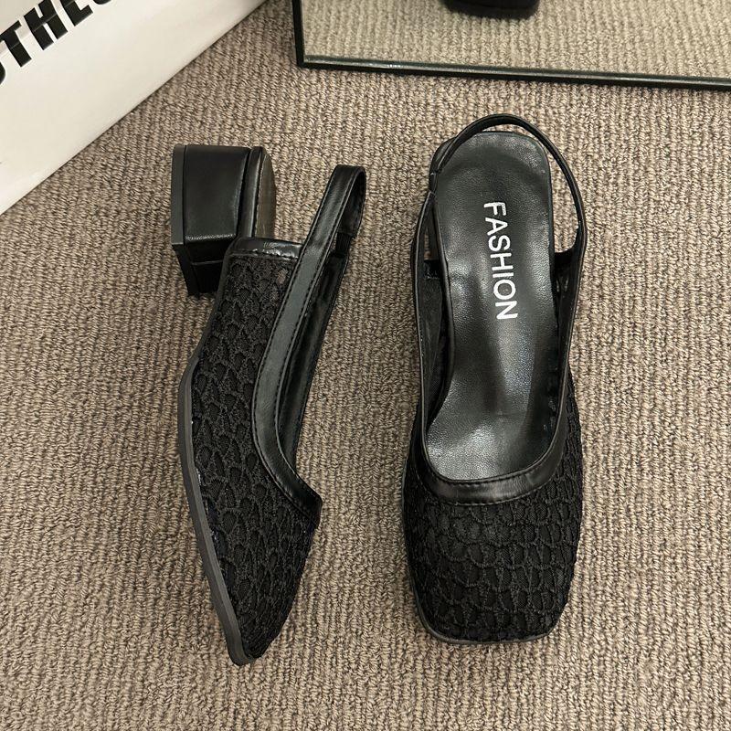 

Сетчатые полые сандалии на каблуке Мэри Джейн женские 2025 новая летняя французская юбка темперамент толстый каблук одинарная обувь 40 чёрный