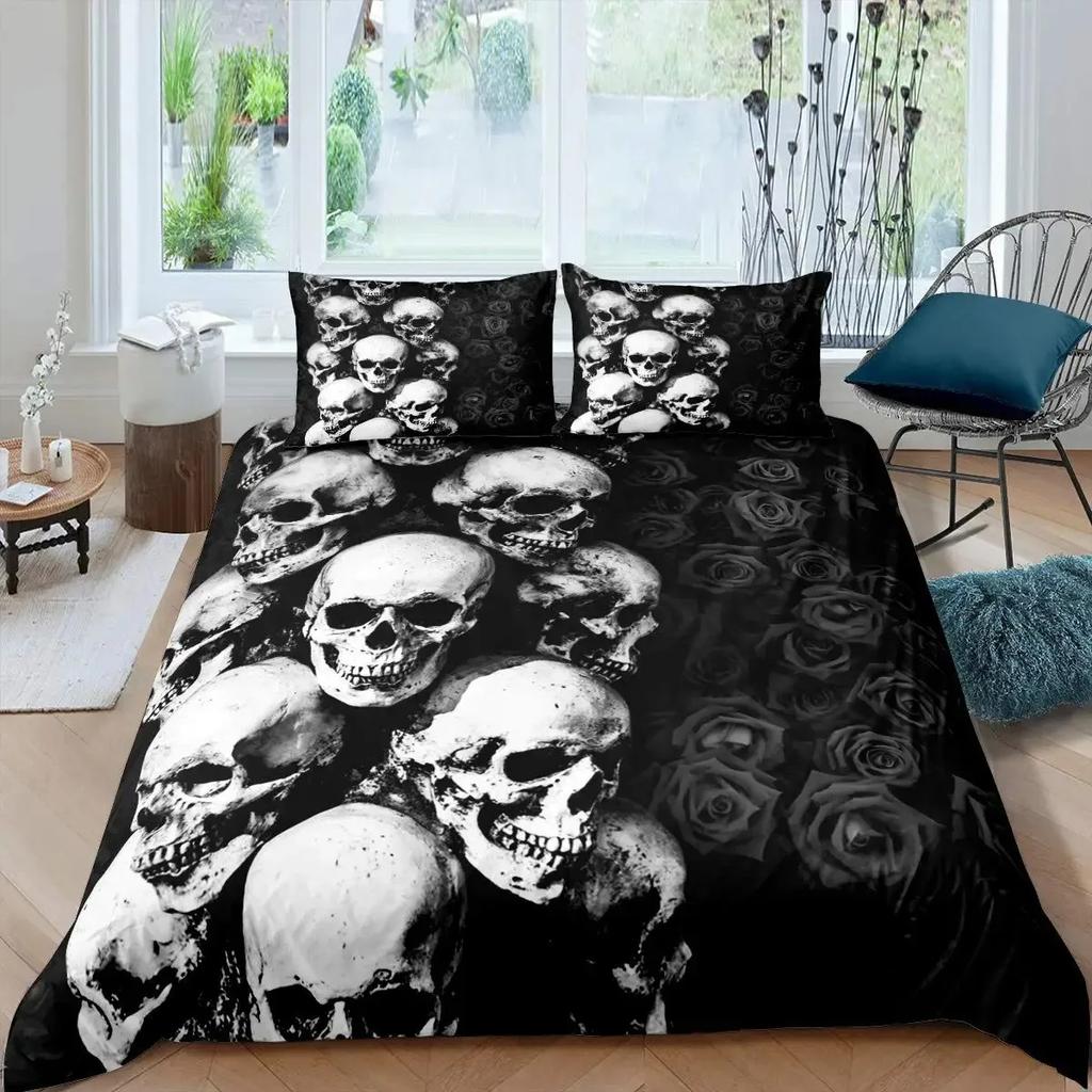 Katzenknochen-Bettwäscheset Full QueenHalloween Gothic Totenkopf Bettwäscheset SchwarzWeiß Galaxie Bettdeckenbezug Steppdeckenbezug