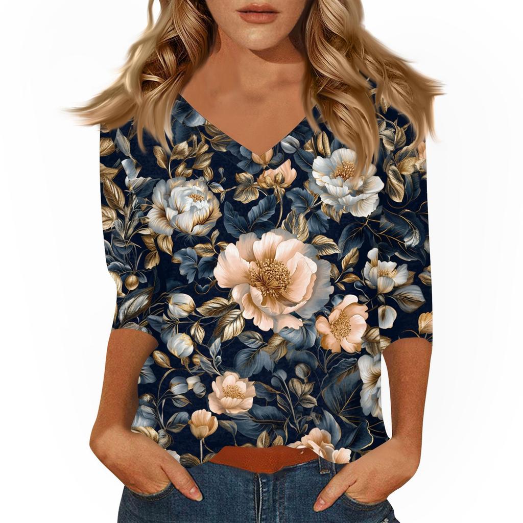 Women's Tops Three-quarter Sleeve Shirt V-neck Loose Casual Shirt Print T-shirt