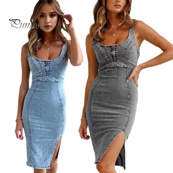 Dame Sommer Denimkjole Lav U-hals Ryggløs Ermeløs Glidelåslukking Slim Fit Distressed Sidesplitt Retro Etui Midi-kjole