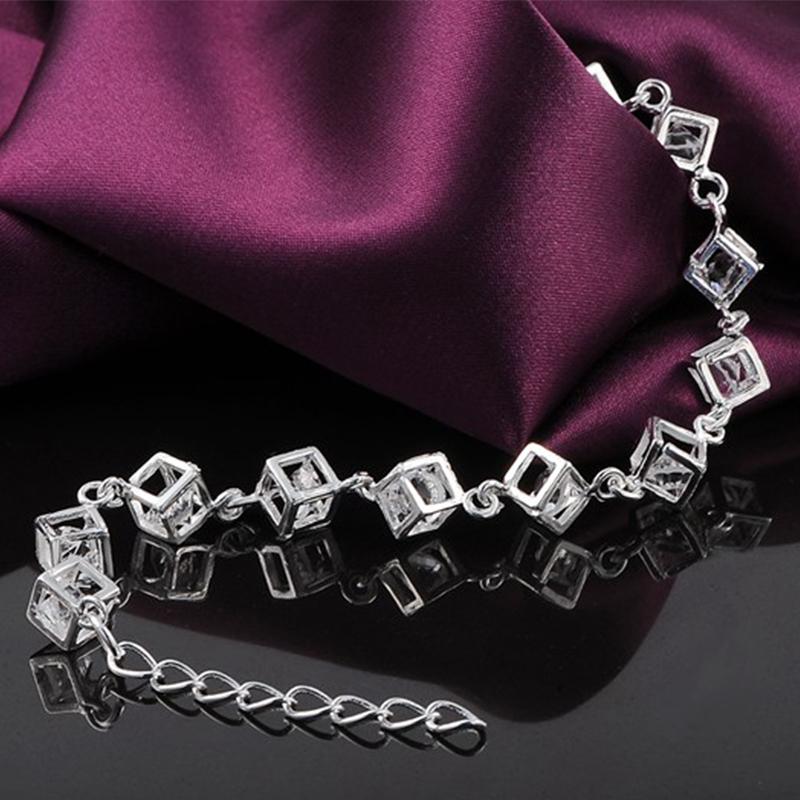 925 Sterling Silver Square Zirconium Stone Bracelet, Wedding Fashion Jewelry