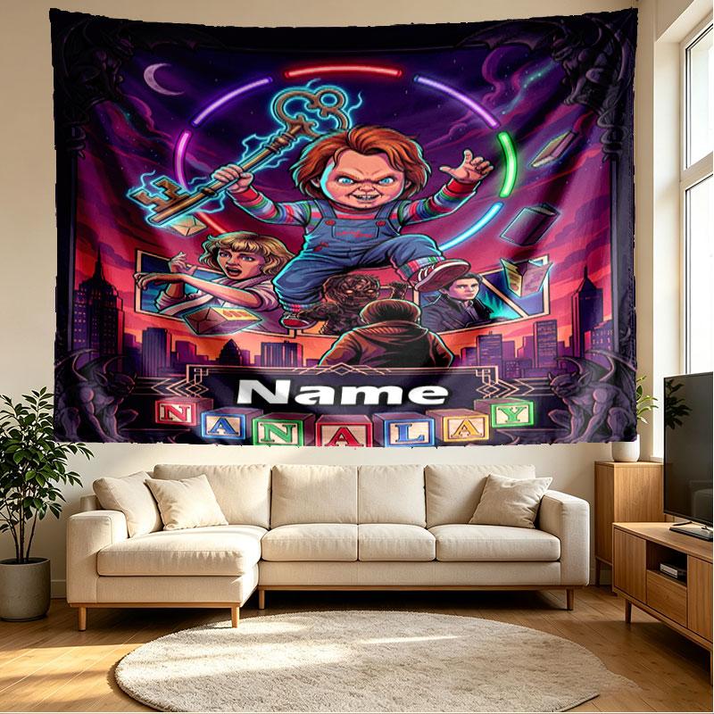 Custom Name Personalized Horror Theme Chucky Print Tapestry, Wall Art Decor, Bedroom, Dorm, Apartment, LivingRoom, Party Backdrop, Gift for Birthday