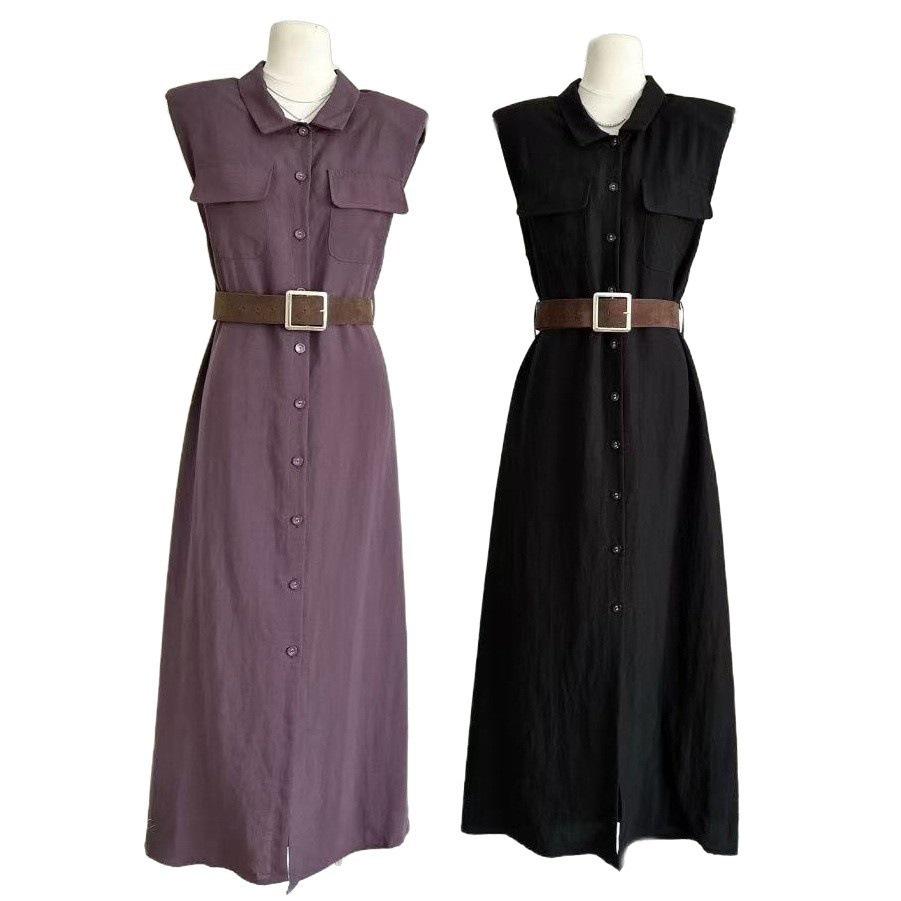 Summer Sleeveless Shirt Dress with Belt - Korean Style, Elegant, Waist-Cinching Long Dress