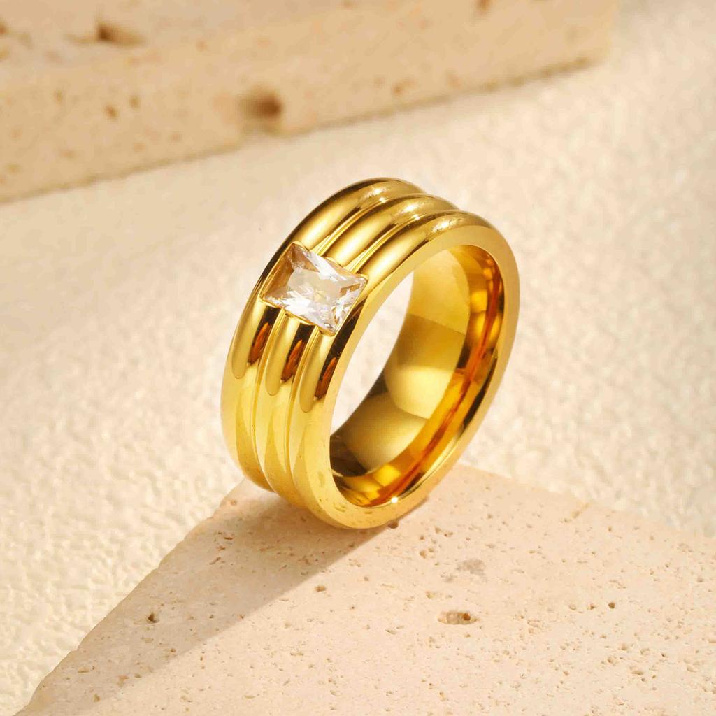 Three-layer Rectangular White Zircon Ring for Women Men,Gold Color Stainless Steel Wedding Band Rings,Love Promise Jewelry Gifts