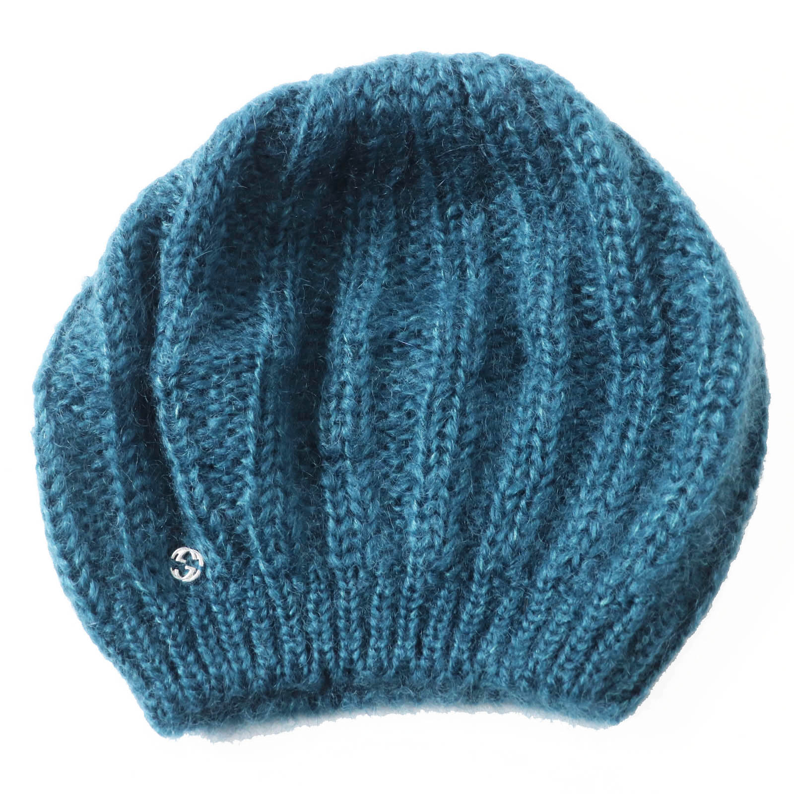 Pristine GUCCI Knit cap Interlocking GMetal knit beret / Blue mohair Women L 331985 Used