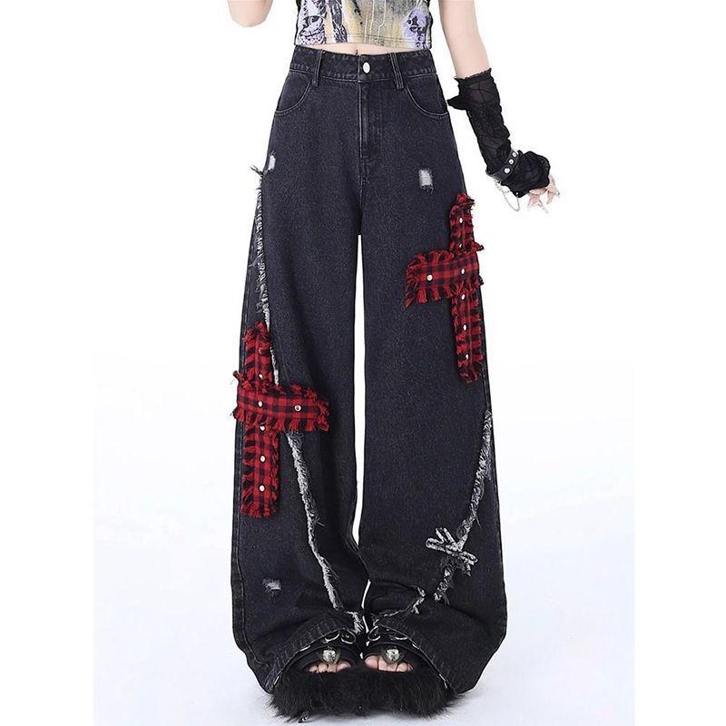 Women's Black Gothic Baggy Y2k Jeans Vintage Streetwear Cowboy Pants Harajuku Denim Trousers Aesthetic Emo Trashy Clothes