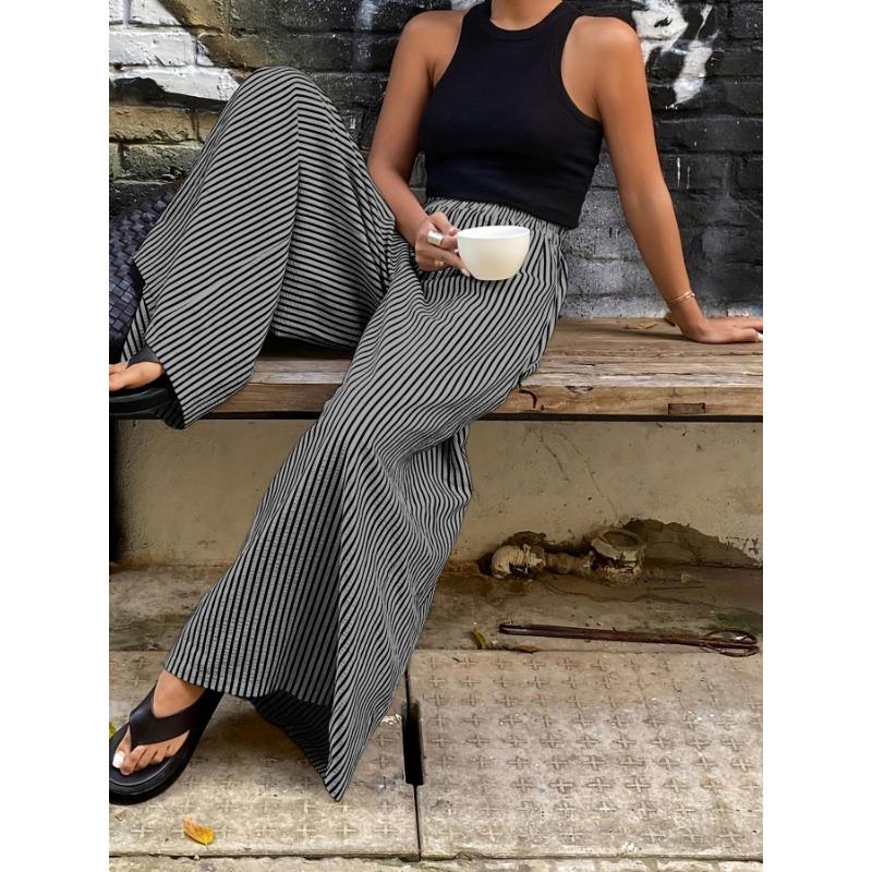 Fashion Striped Elastic Waist Straight Leg Wide Leg Pants Women Elegant Casual Loose Long Pants Spring Autumn Printed Simple Clothing