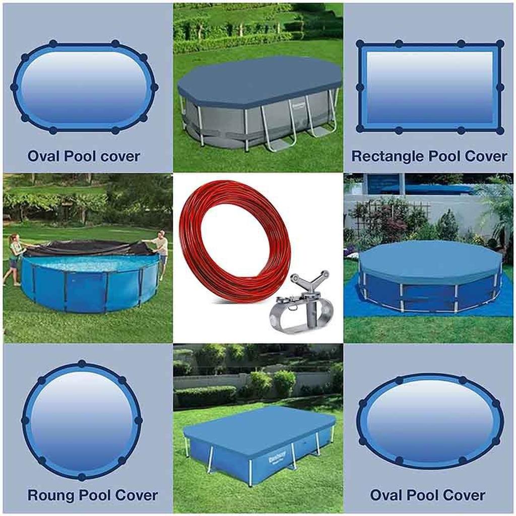 130FT Pool Closing Tool Cable and Heavy-Duty Winch Red Plastic-Coated Steel Cable for Above Ground Swimming Pool Winter Safe
