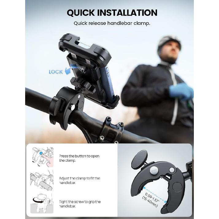 Lamicall Motorcycle Phone Mount, Bike Phone Holder - [Metal Lock] Upgrade Quick Install Handlebar Clip for Bicycle Scooter, Cell Phone Clamp for
