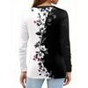 Women's Fashion Casual Slit Hem Round Neck Long Sleeve Loose Printed T-Shirt Ladies Top