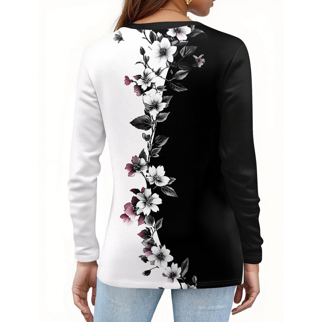 Women's Fashion Casual Slit Hem Round Neck Long Sleeve Loose Printed T-Shirt Ladies Top