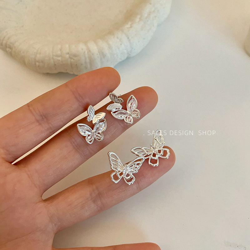 Korean Zircon Hollow Butterfly Earrings - Exquisite, Light Luxury Studs for Women