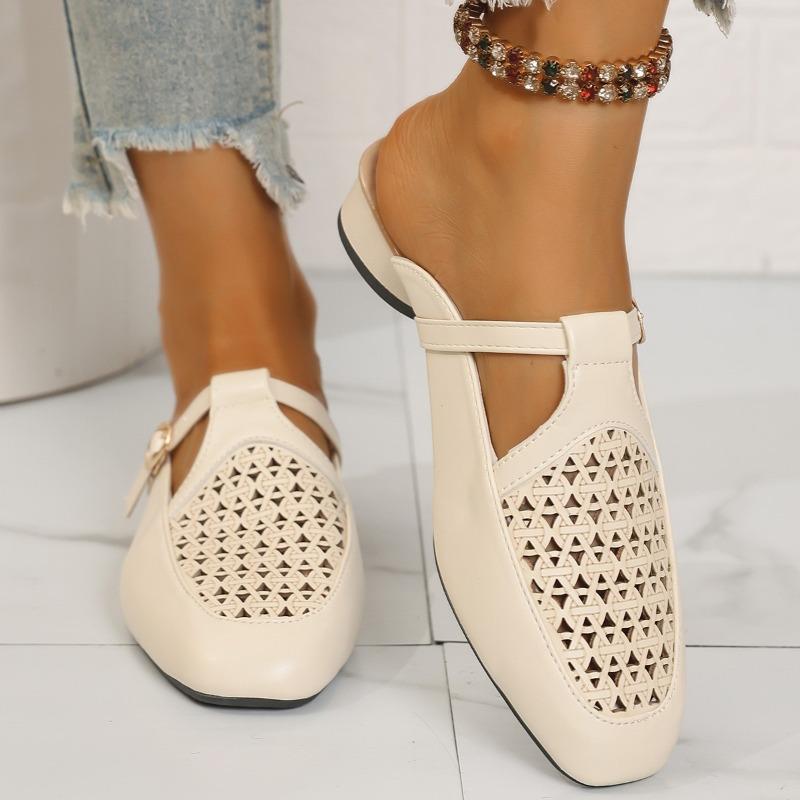 Fashion Hollow Out Closed Toe Flat Sandals Women Buckle Decor Soft Sole Non Slip Mules Slippers Summer Light Comfort Platform Beach Shoe