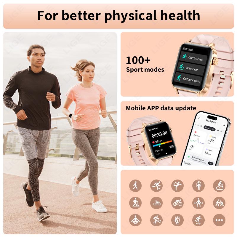 Smartwatch mit Bluetooth-Anrufen, wasserdicht, Schrittzähler, Herzfrequenz, Blutsauerstoff und Schlafüberwachung.