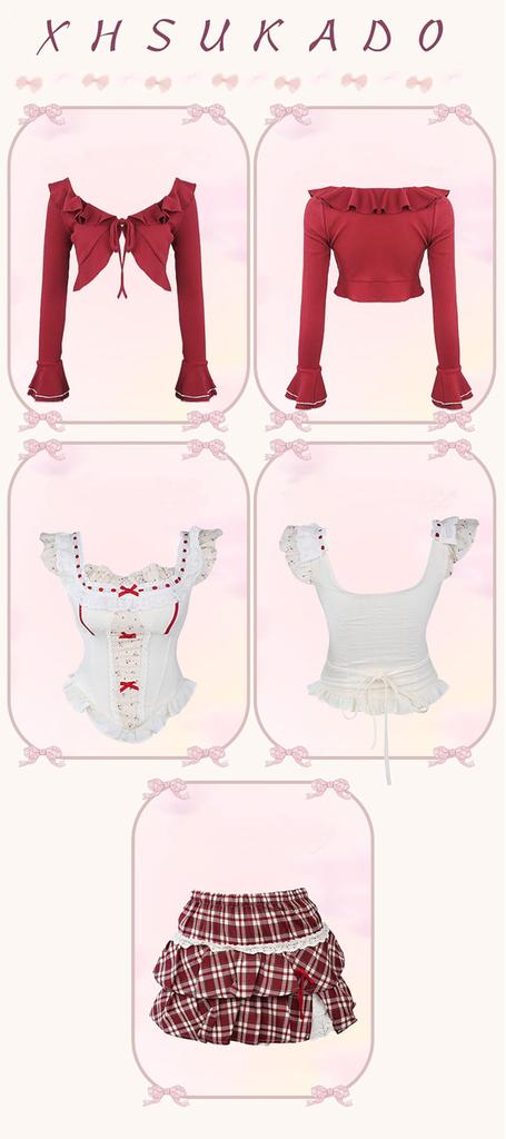 XHSUKADO Christmas and Mini Skirt with Lace Long and Ruffles for a French Tiered Red and Size Women's 3-Piece Set Cardigan, Vest, Ribbons. Sleeves,