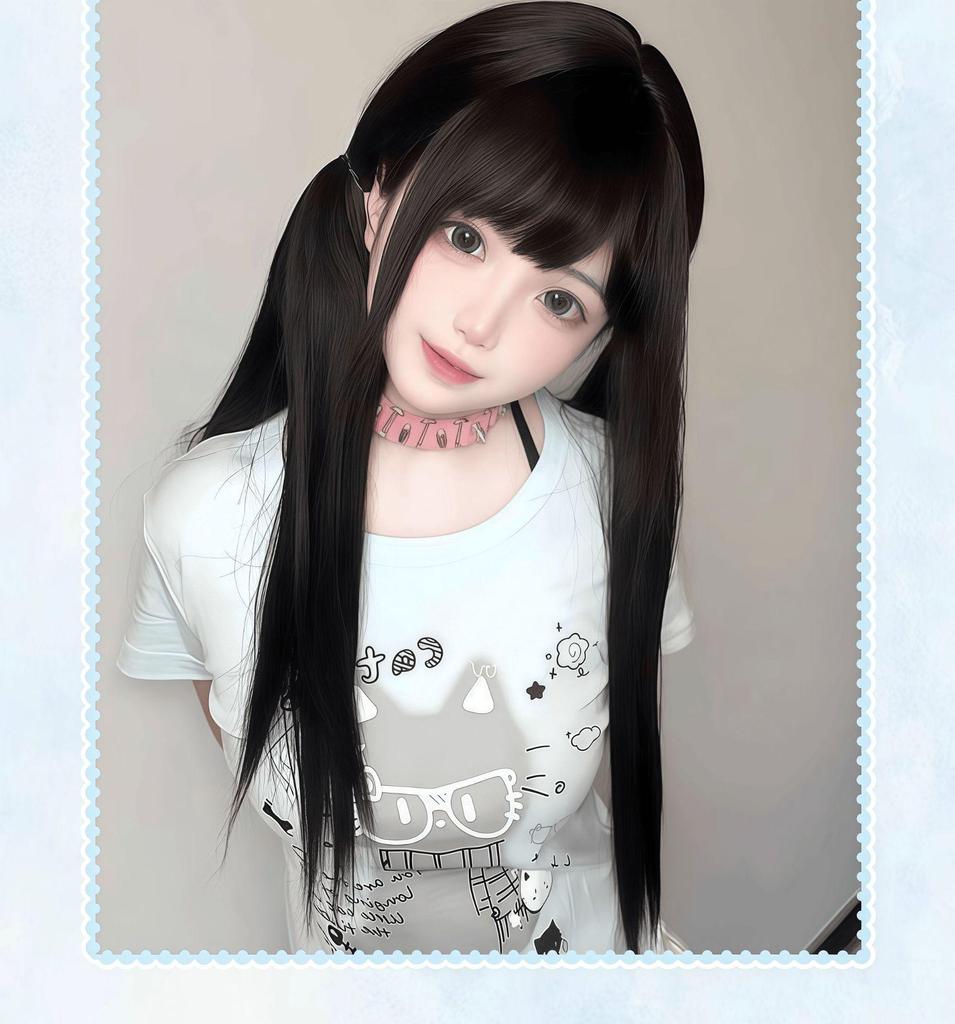 Long Black Straight Lolita JK Double Ponytail Wig for Women