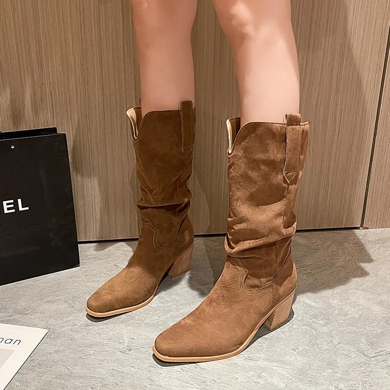 Fashion New Women's Retro Long Boots for Spring Fashion, Suede Midsole Stacking Boots, Thick Heel Square Toe Oversized Denim Boots