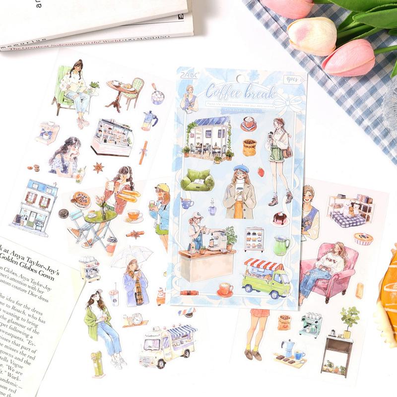 1pack/4pcs Leisure Life Daily Stickers, Healing Fresh Style, DIY Handmade Album Scrapbooking Decorative Paper Supplies