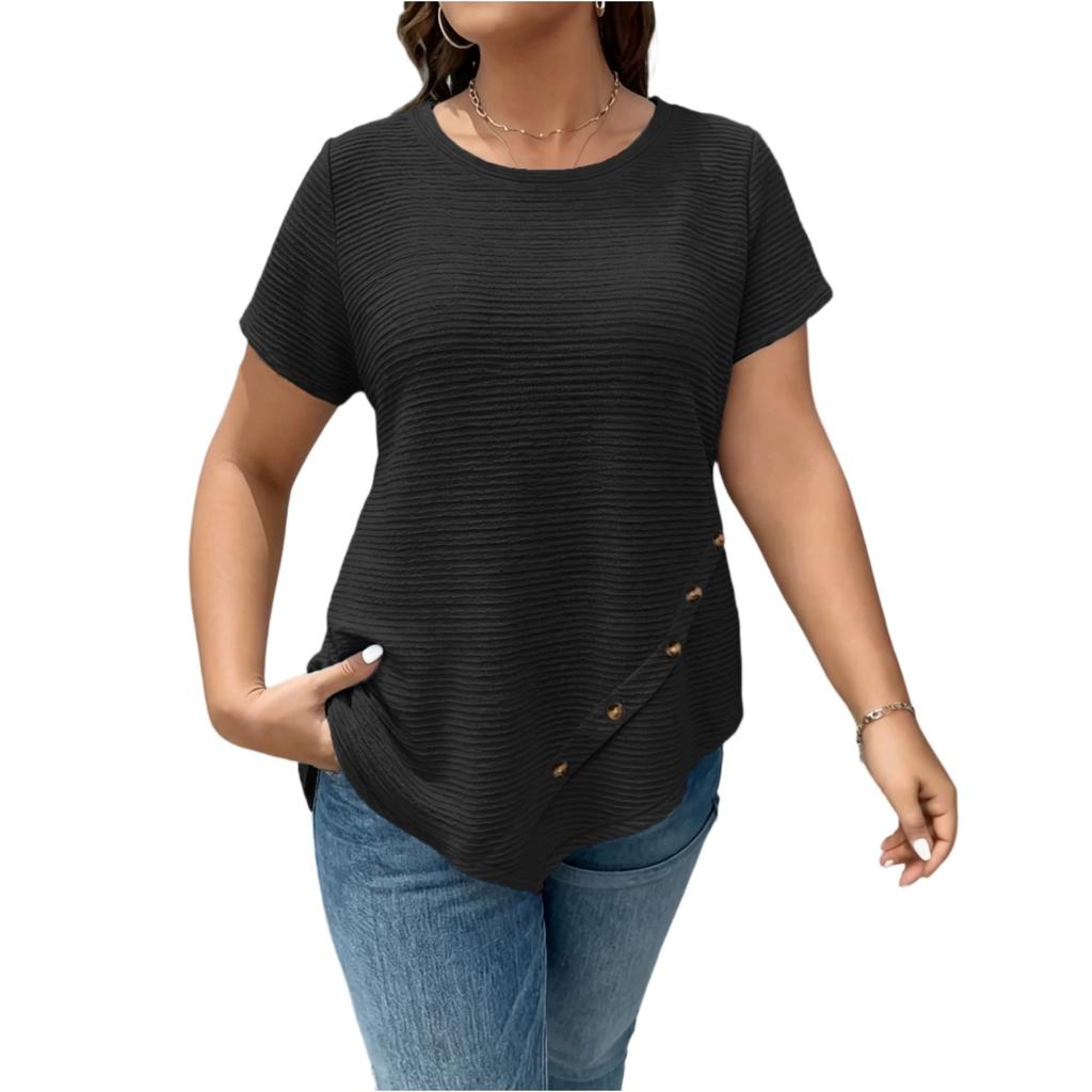 Women's Loose Fit Short Sleeve Casual T Shirt Asymmetric Hem Button Detail Lightweight Soft Fabric Comfortable Everyday Wear