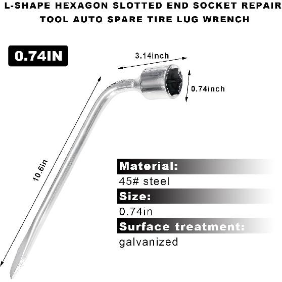 Car Spare Tire Wrench, 19mm L-Shaped Slotted End Socket Tire Replacement Tool for Jack, Heavy Duty Carbon Steel Hexagon Lug Wrench for Spare Tire