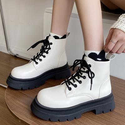 Fashion 2025 New Women's Platform Ankle Boots White Pu Leather Thick Sole Combat Booties Woman Spring Autumn Non Slip Motorcycle Boots