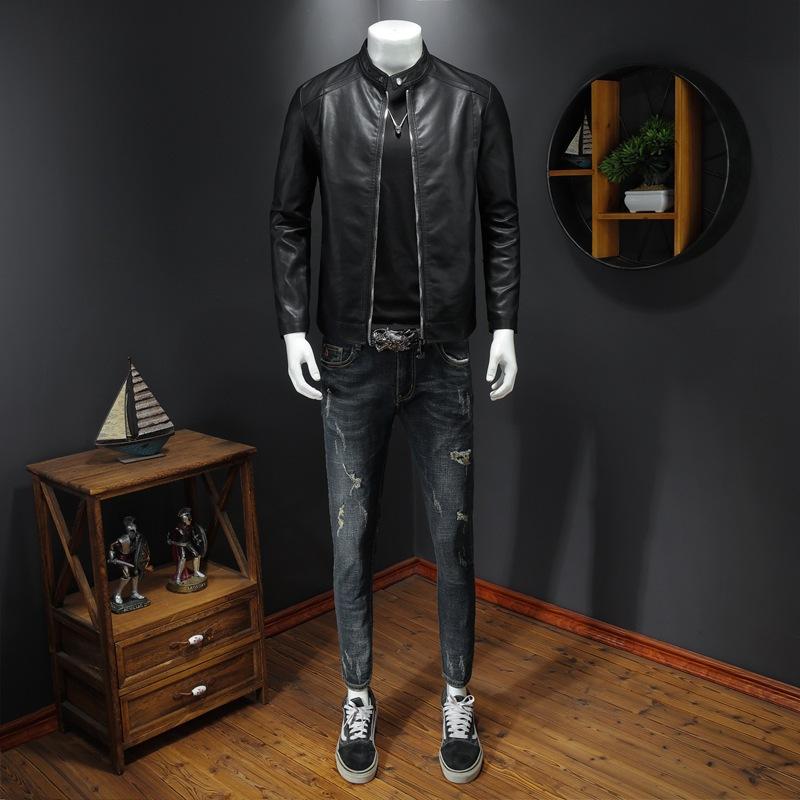 Spring Autumn PU Leather Jacket Men Stand Collar Slim Pu Leather Jacket Fashion Motorcycle Casual Coat Men's Moto Biker Coat Plus Size