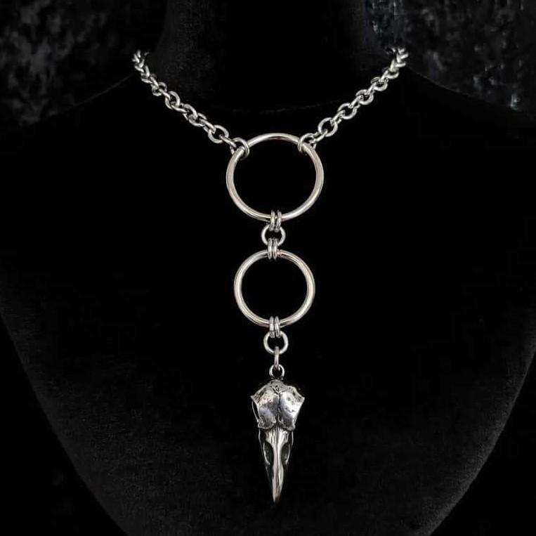 

New Gothic Personality Stainless Steel Skull Pointed-beaked Bird Thick Chain Round Ring Necklace for Men Women Halloween Jewelry