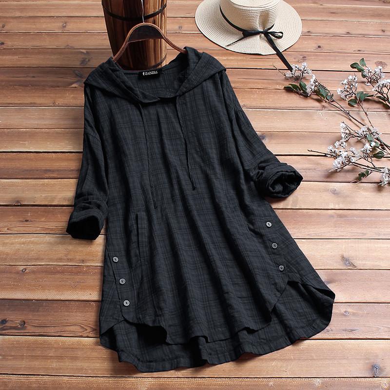 Trendy Women Asymmetrical Hem Hooded Shirt Tops With Comfortable Cotton Blend Fabric