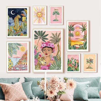 Boho Sun Cactus Banana Tree Ženy Nástěnný leopard Malba na plátno Severské plakáty a obrazy Nástěnné obrazy pro výzdobu obývacího pokoje
