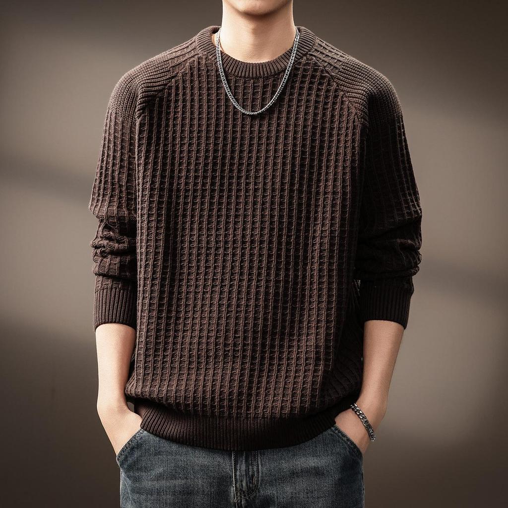 Men's High-End Waffle Knit Sweater: Autumn Winter Warm Casual Pullover