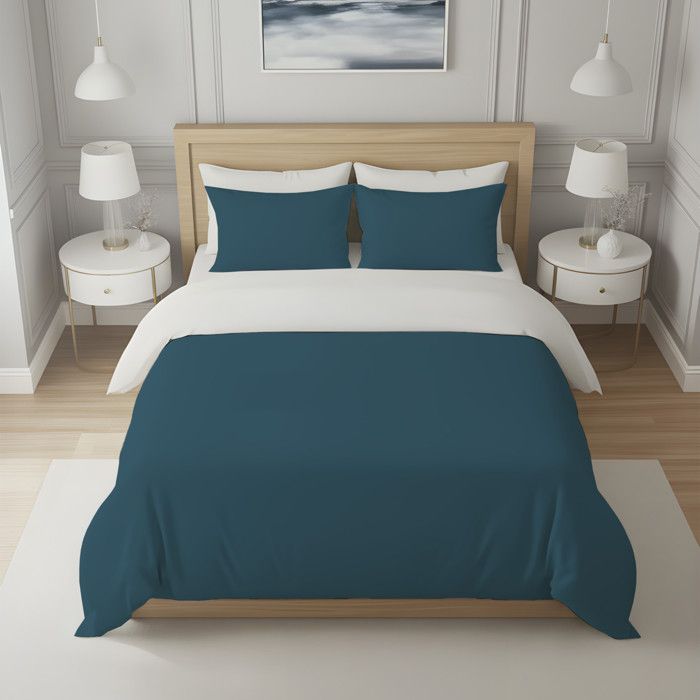 Housse de couette bicolore en coton 57 fils 240x220 cm UNI blanc et bleu canard, par Soleil d'ocre