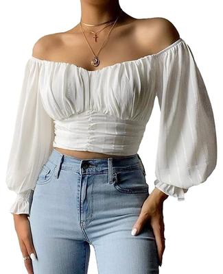 Womens Off Shoulder Chiffon Blouse Puff Sleeve Slim Fit Summer Party Top