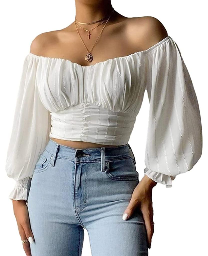 Womens Off Shoulder Chiffon Blouse Puff Sleeve Slim Fit Summer Party Top