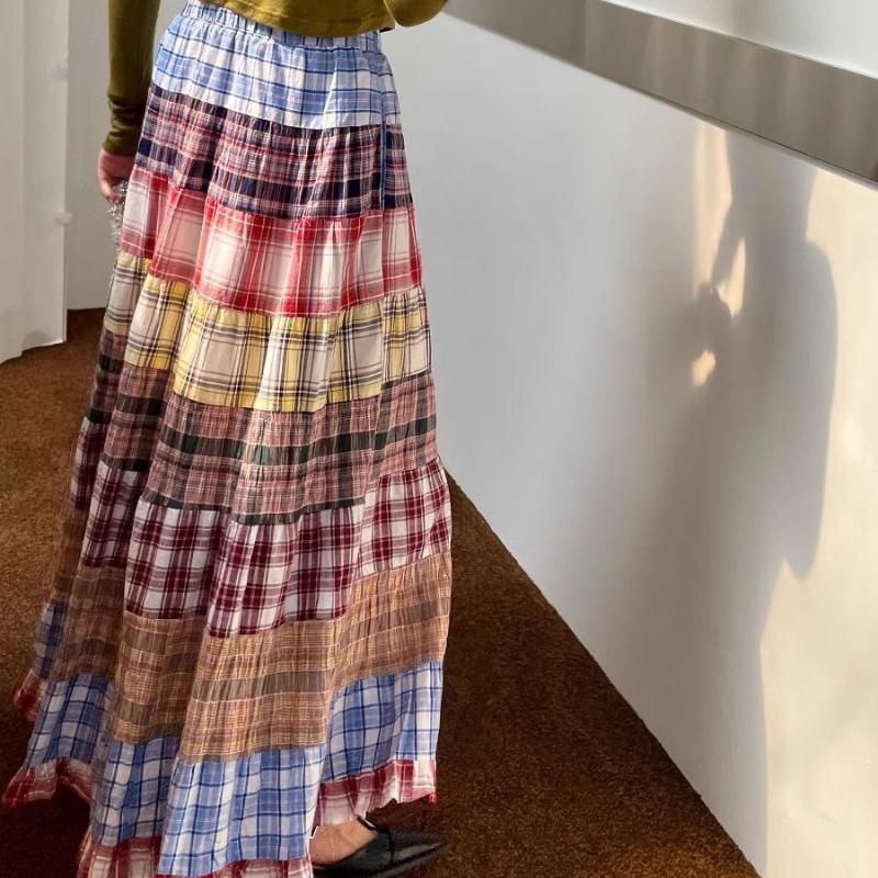 Women's Summer Sweet Fresh Plaid-Paneled A-Line Skirt - Vintage Gentle High-Waist Midi Skirt with Design-Forward Flair