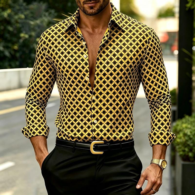 2026 Nuova Camicia da Uomo Geometrica a Griglia di Diamanti Bianca e Nera, Camicia Stampata Personalizzata, Abbigliamento da Uomo Versatile alla Moda Casual