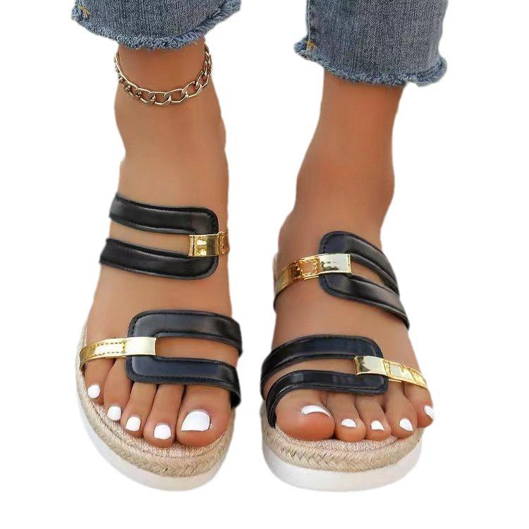2025 Summer New Casual One-word Slope Heel Thick Bottom Woven Foreign Trade Large Size Women's Slippers