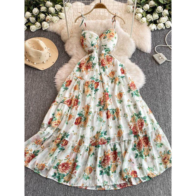 Sexy Cutout V-neck Strap Dress Women's Summer Vacation Wear Tight Waist Slimming Flounce Floral Chiffon Skirt