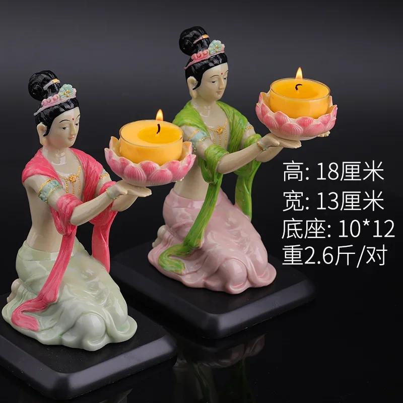 1 Pair Resin Dunhuang Fairy Lamp Holders Chinese Lotus Buddha Front Lamp Holder Offering Feng Shui Ornaments Candlestick Holder